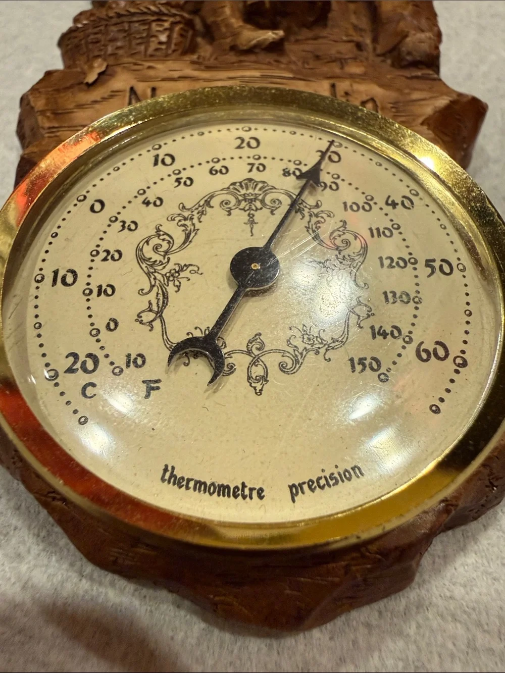 Andie Carved Wood Wall Thermometer Plaque in Brown